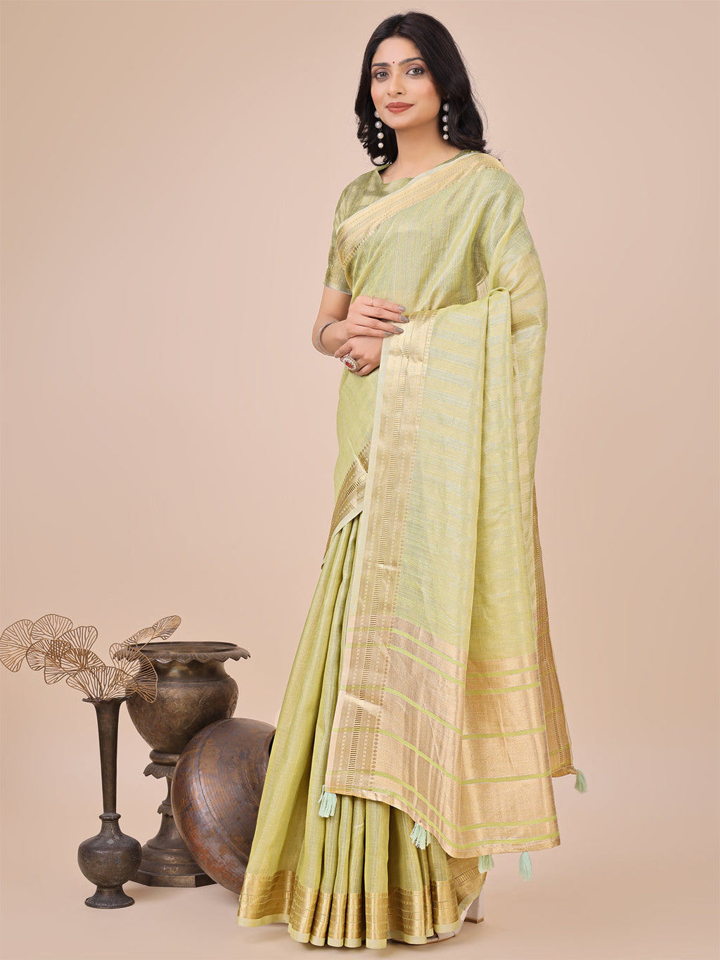 Shree Shyam Fashion Light Green Organza Woven Zari Work Traditional Tassel Saree | Grocsy