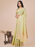 Shree Shyam Fashion Light Green Organza Woven Zari Work Traditional Tassel Saree | Grocsy