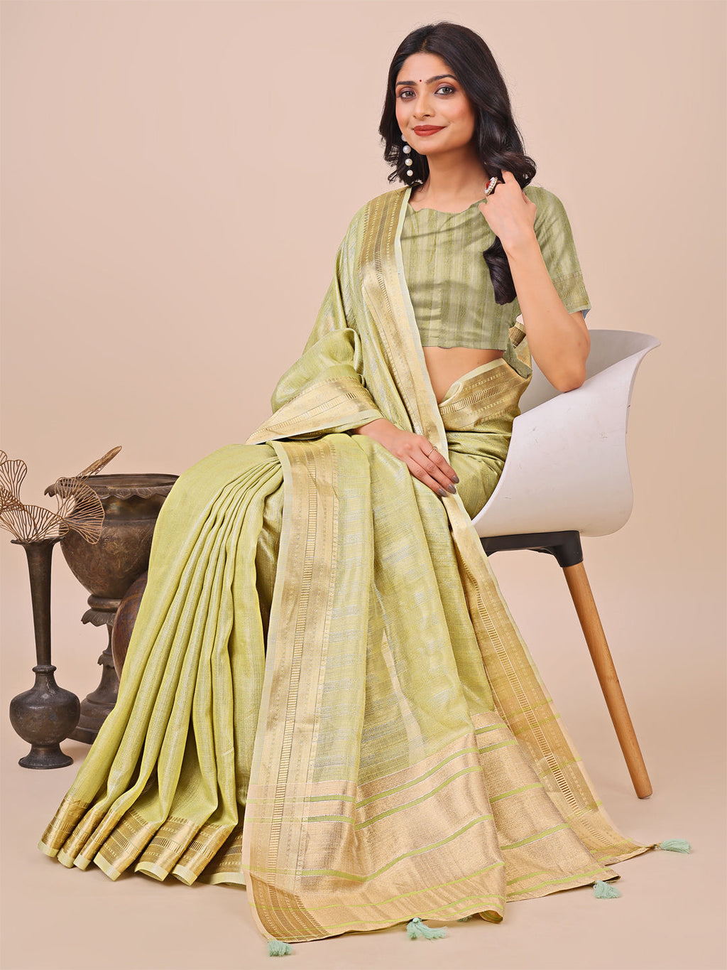 Shree Shyam Fashion Light Green Organza Woven Zari Work Traditional Tassel Saree | Grocsy