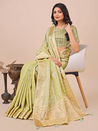 Shree Shyam Fashion Light Green Organza Woven Zari Work Traditional Tassel Saree | Grocsy