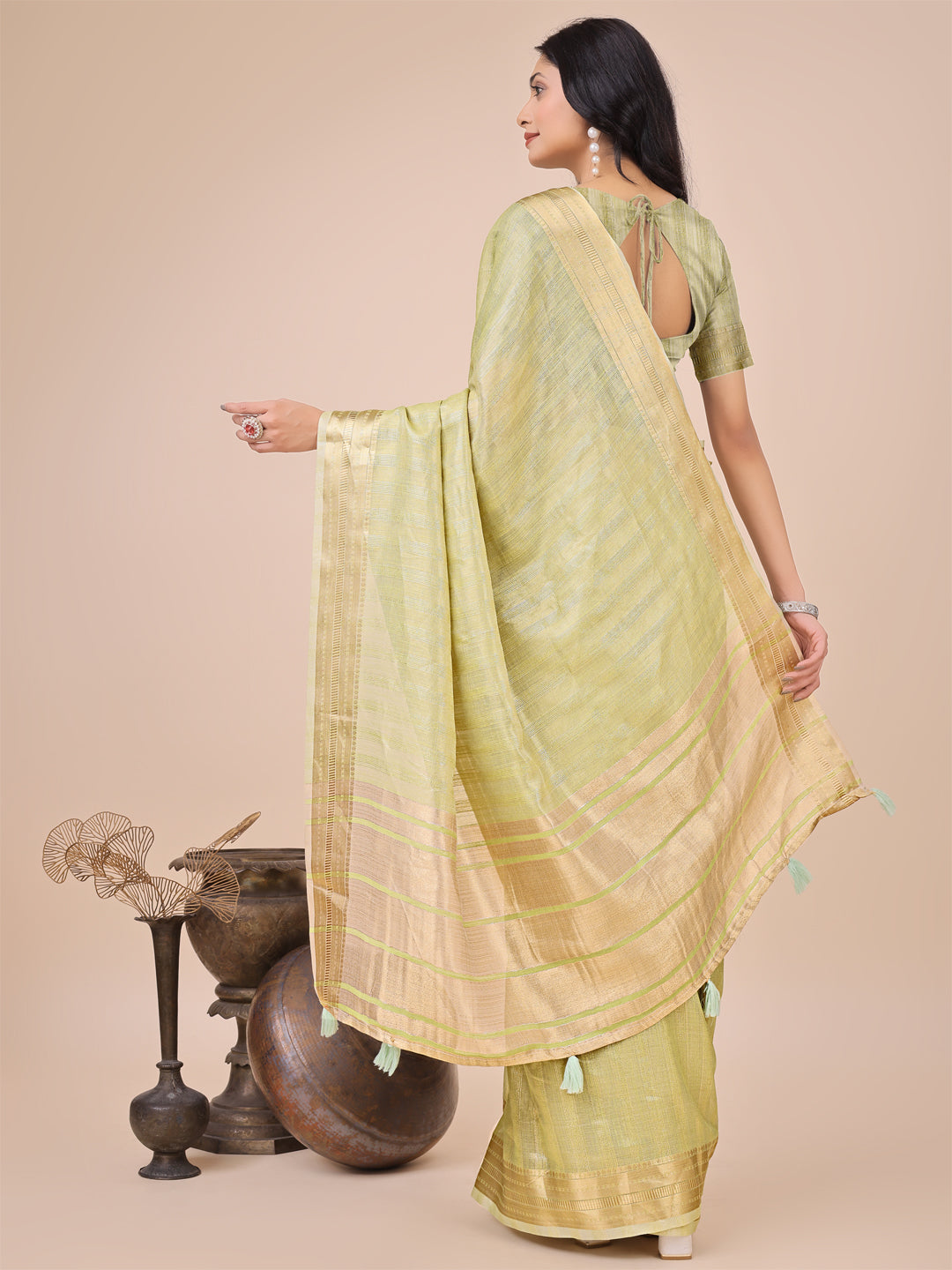 Shree Shyam Fashion Light Green Organza Woven Zari Work Traditional Tassel Saree | Grocsy
