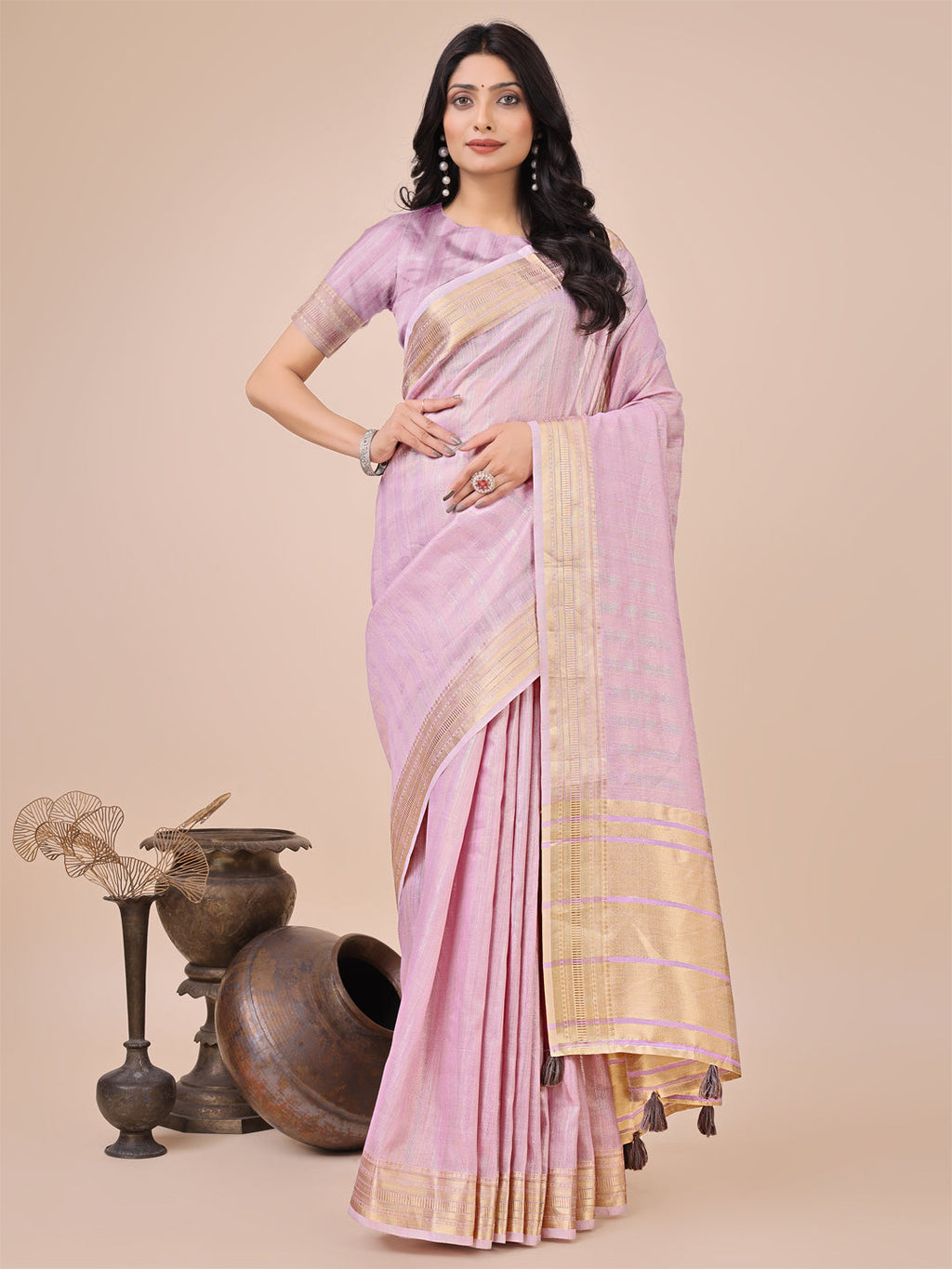 Shree Shyam Fashion Light Pink Organza Woven Zari Work Traditional Tassel Saree | Grocsy