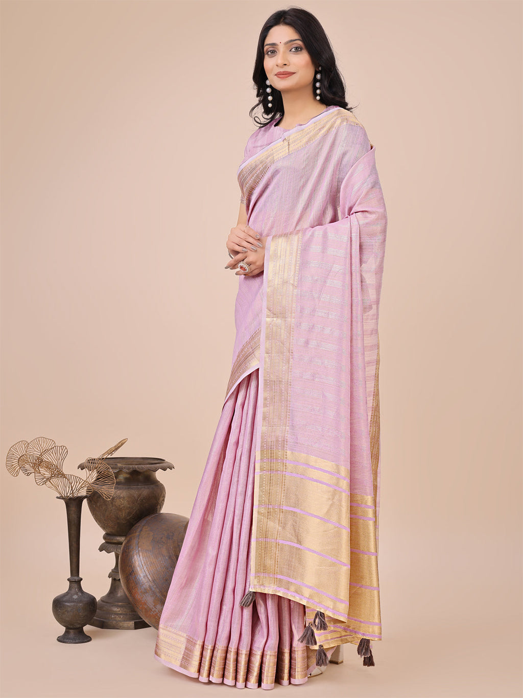 Shree Shyam Fashion Light Pink Organza Woven Zari Work Traditional Tassel Saree | Grocsy