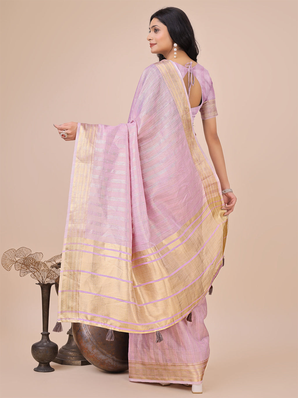 Shree Shyam Fashion Light Pink Organza Woven Zari Work Traditional Tassel Saree | Grocsy