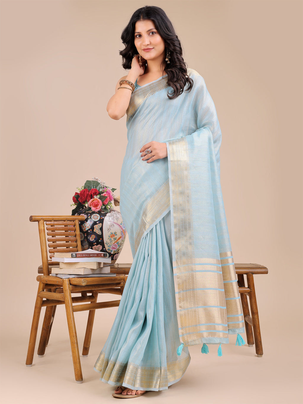 Shree Shyam Fashion Sky Blue Organza Woven Zari Work Traditional Tassel Saree | Grocsy