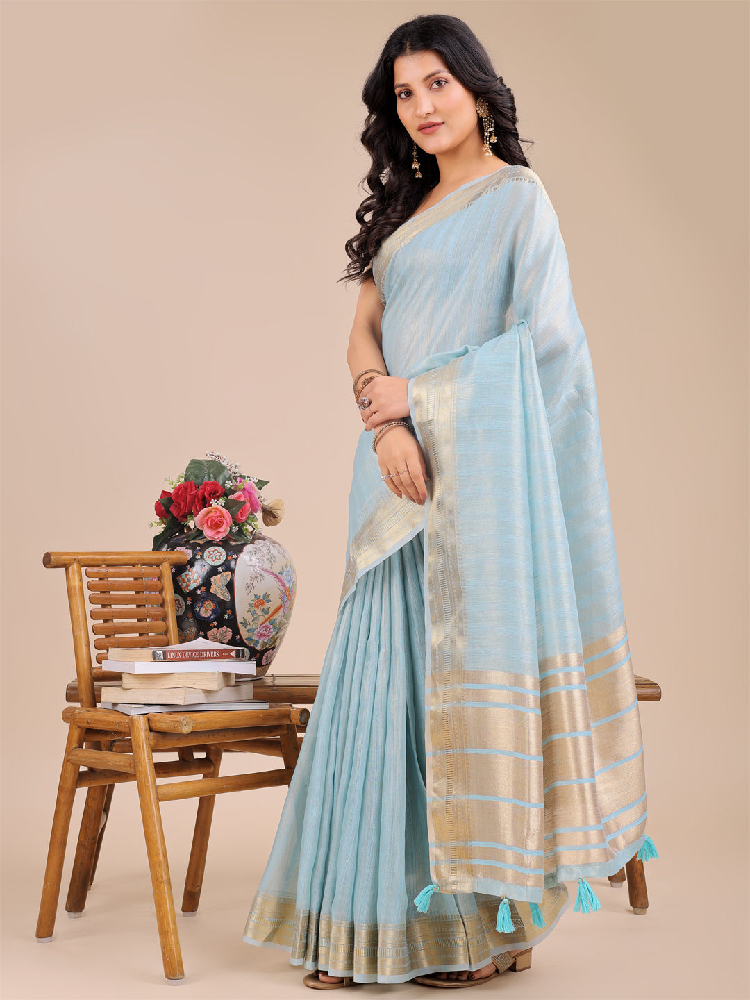 Shree Shyam Fashion Sky Blue Organza Woven Zari Work Traditional Tassel Saree | Grocsy
