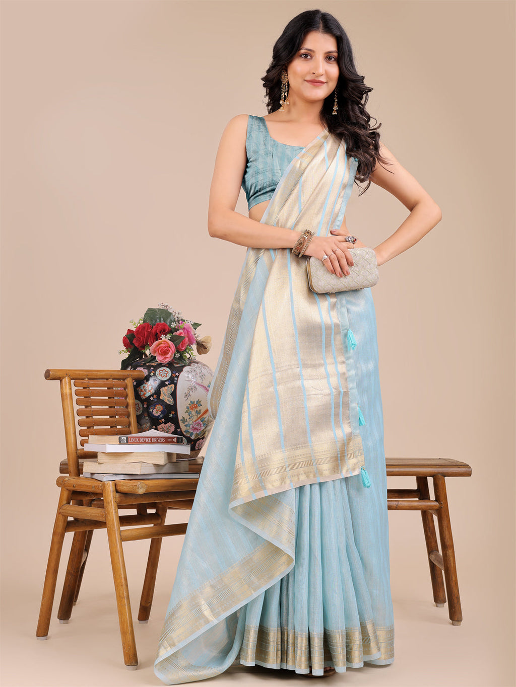 Shree Shyam Fashion Sky Blue Organza Woven Zari Work Traditional Tassel Saree | Grocsy