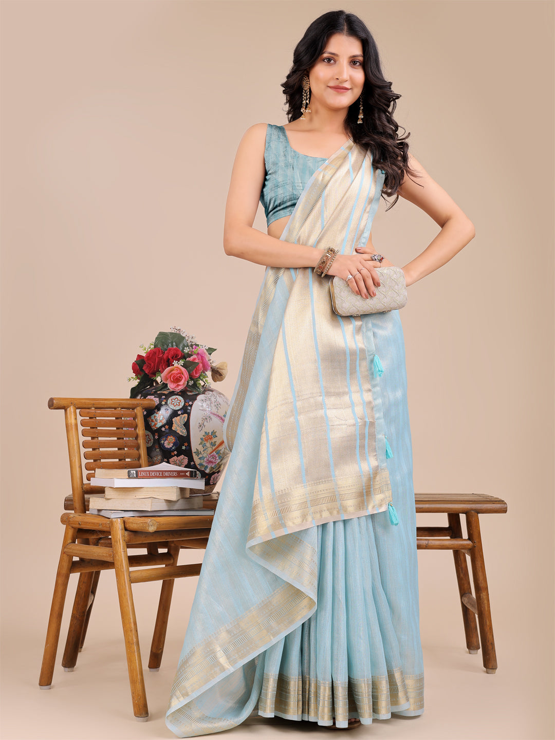 Shree Shyam Fashion Sky Blue Organza Woven Zari Work Traditional Tassel Saree | Grocsy