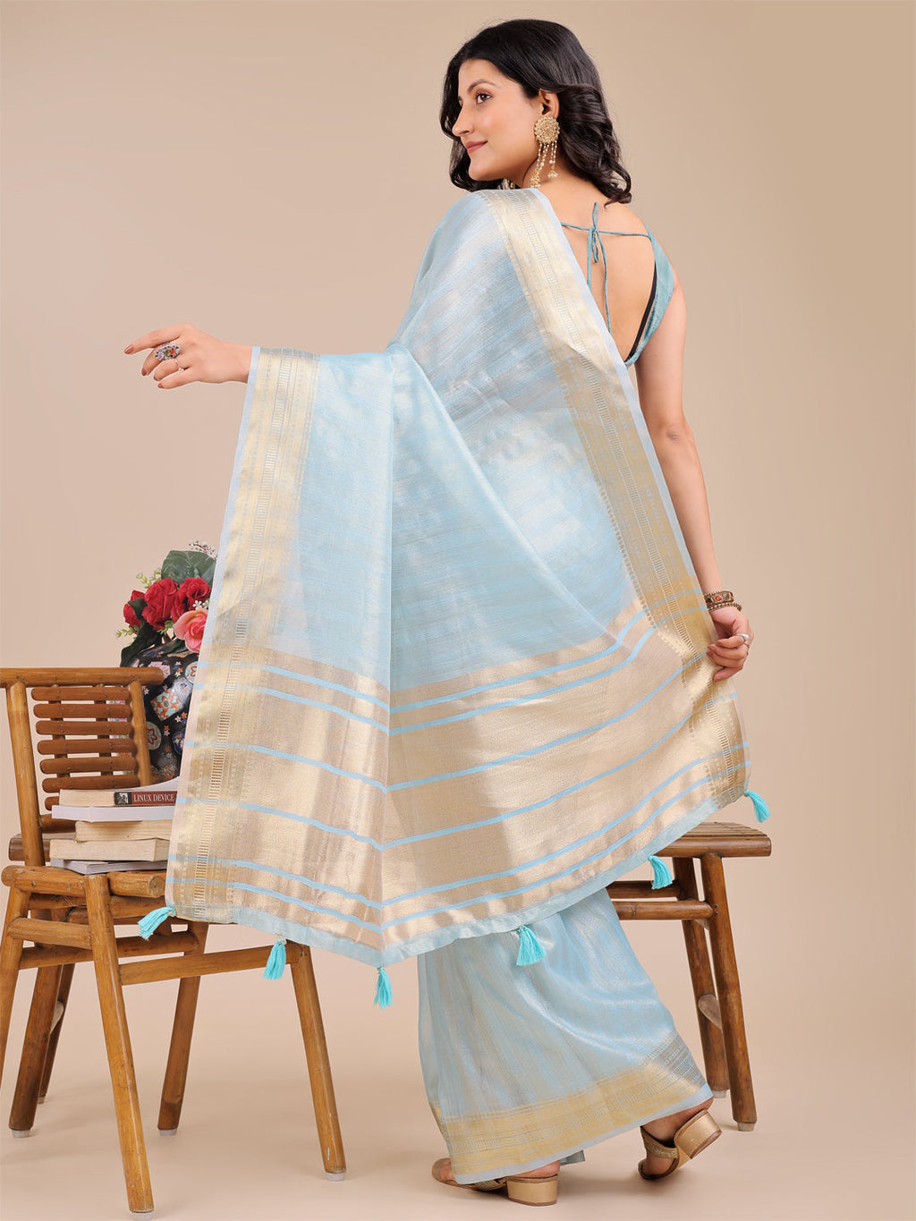 Shree Shyam Fashion Sky Blue Organza Woven Zari Work Traditional Tassel Saree | Grocsy