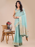 Shree Shyam Fashion Sea Green Organza Woven Zari Work Traditional Tassel Saree | Grocsy