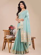Shree Shyam Fashion Sea Green Organza Woven Zari Work Traditional Tassel Saree | Grocsy