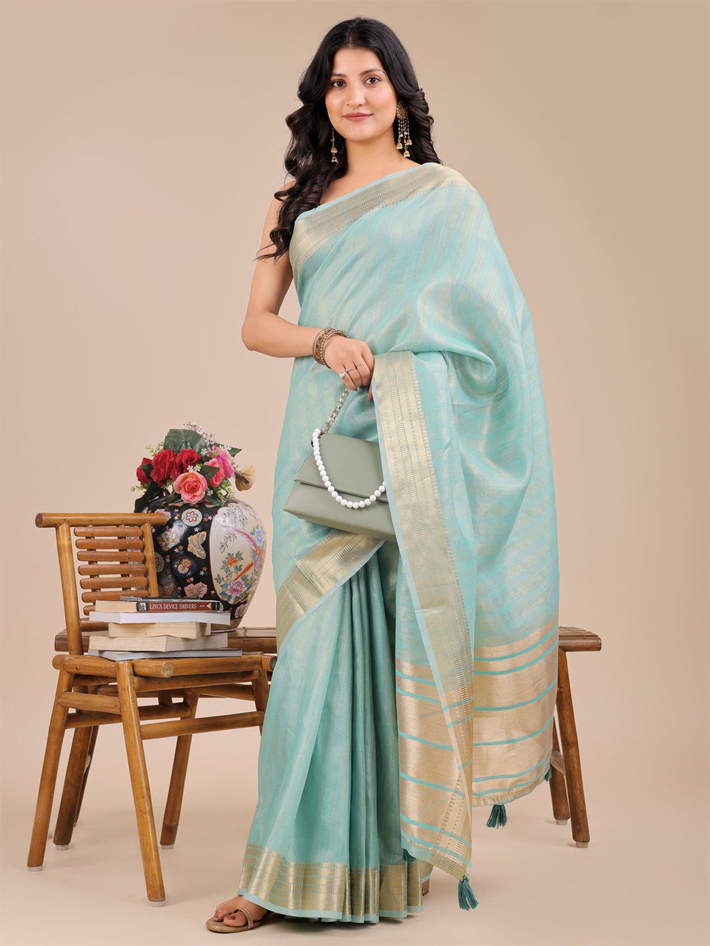 Shree Shyam Fashion Sea Green Organza Woven Zari Work Traditional Tassel Saree | Grocsy