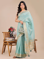 Shree Shyam Fashion Sea Green Organza Woven Zari Work Traditional Tassel Saree | Grocsy