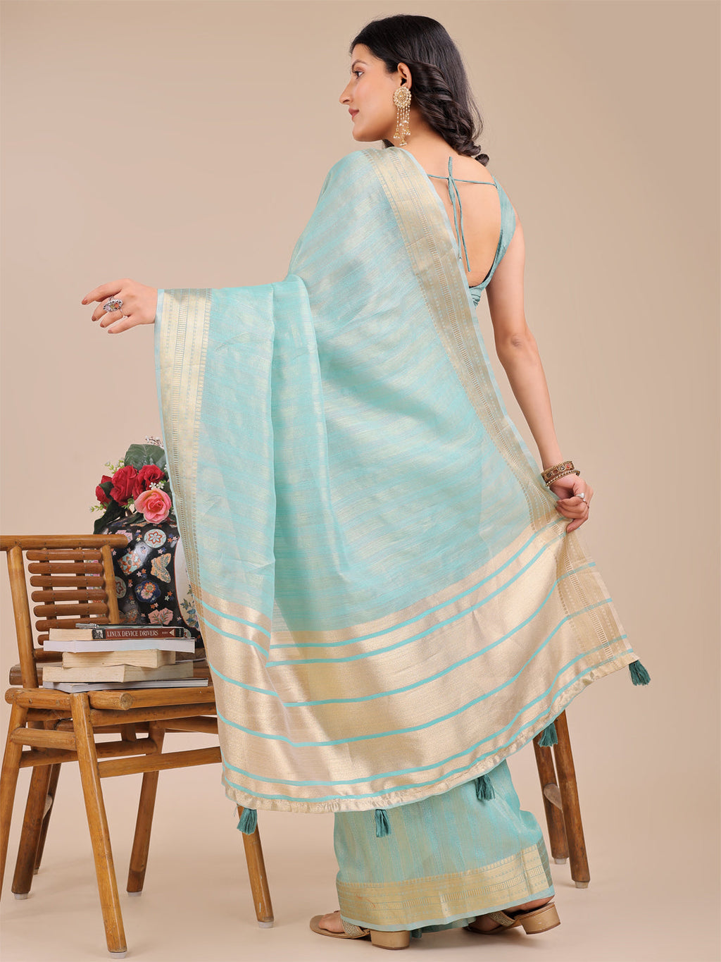 Shree Shyam Fashion Sea Green Organza Woven Zari Work Traditional Tassel Saree | Grocsy