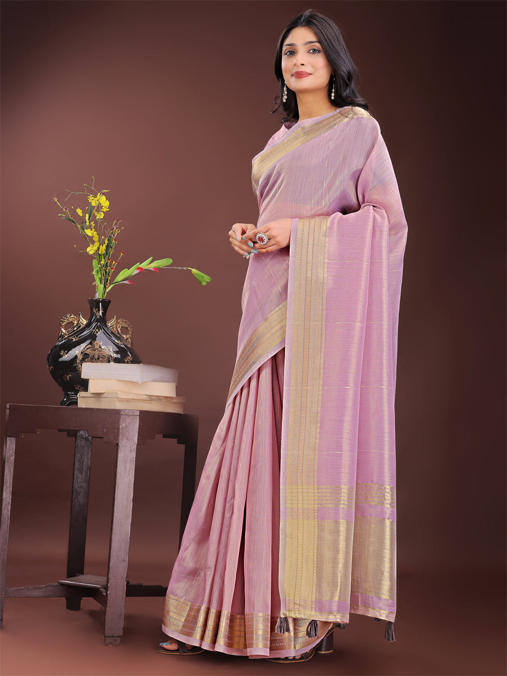 Shree Shyam Fashion Elegant Purple Organza Saree with Golden Zari Border - Festive & Office Wear Saree with Blouse Piece | Grocsy