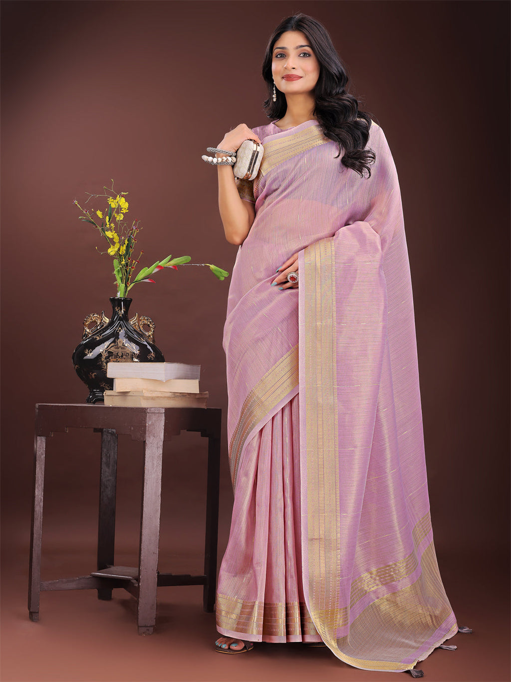 Shree Shyam Fashion Elegant Purple Organza Saree with Golden Zari Border - Festive & Office Wear Saree with Blouse Piece | Grocsy