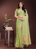 Shree Shyam Fashion Elegant Light Green Organza Saree with Golden Zari Border - Festive & Office Wear Saree with Blouse Piece | Grocsy