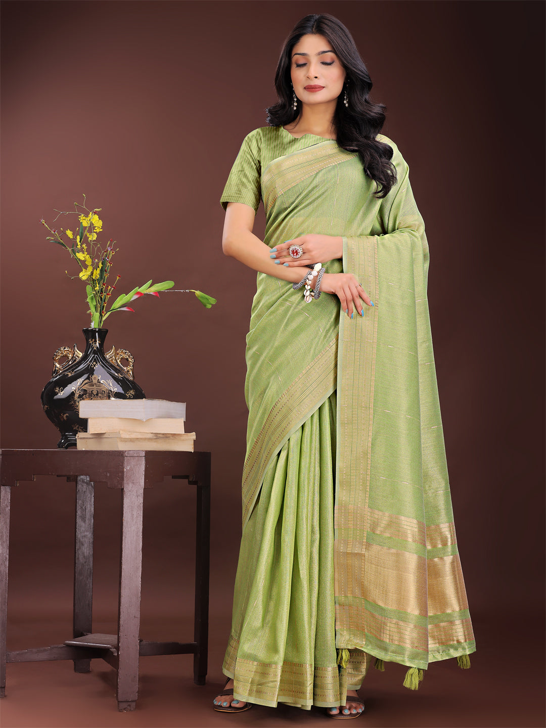 Shree Shyam Fashion Elegant Light Green Organza Saree with Golden Zari Border - Festive & Office Wear Saree with Blouse Piece | Grocsy