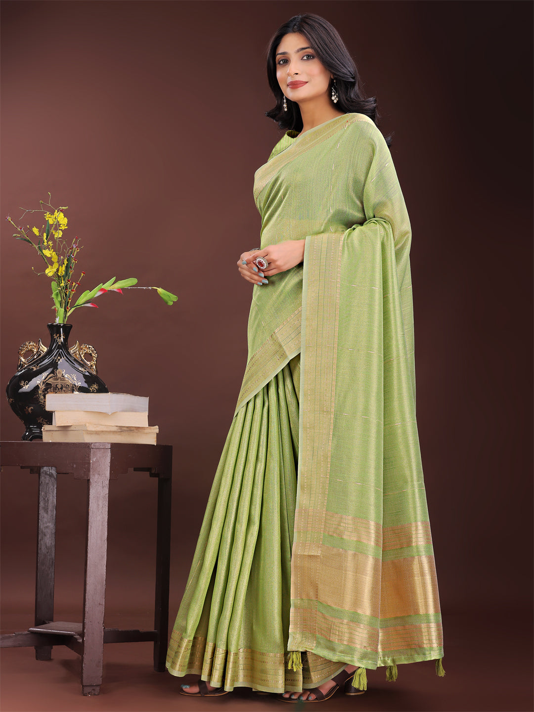 Shree Shyam Fashion Elegant Light Green Organza Saree with Golden Zari Border - Festive & Office Wear Saree with Blouse Piece | Grocsy