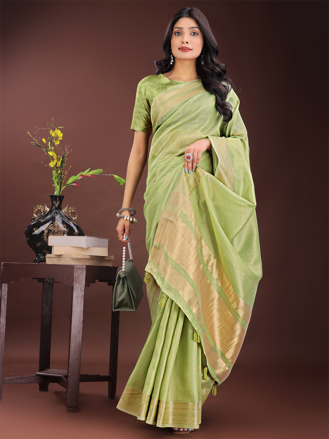 Shree Shyam Fashion Elegant Light Green Organza Saree with Golden Zari Border - Festive & Office Wear Saree with Blouse Piece | Grocsy