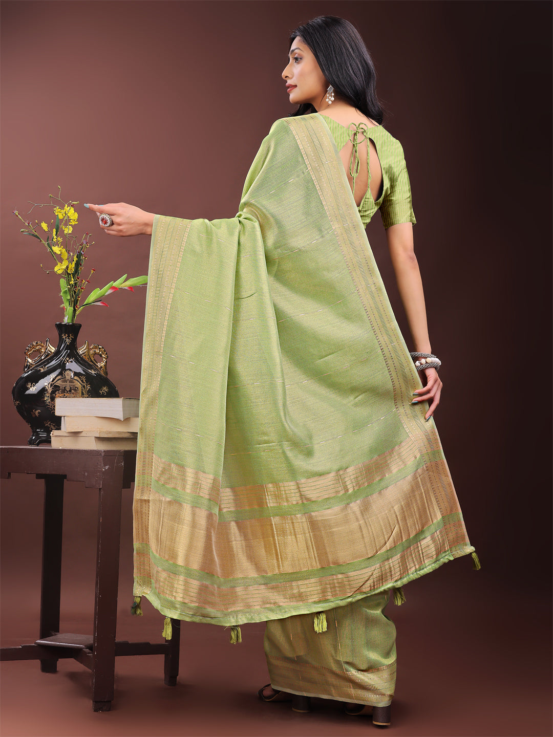 Shree Shyam Fashion Elegant Light Green Organza Saree with Golden Zari Border - Festive & Office Wear Saree with Blouse Piece | Grocsy