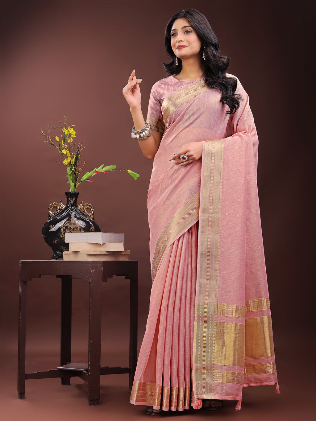 Shree Shyam Fashion Elegant Light Pink Organza Saree with Golden Zari Border - Festive & Office Wear Saree with Blouse Piece | Grocsy