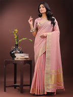 Shree Shyam Fashion Elegant Light Pink Organza Saree with Golden Zari Border - Festive & Office Wear Saree with Blouse Piece | Grocsy