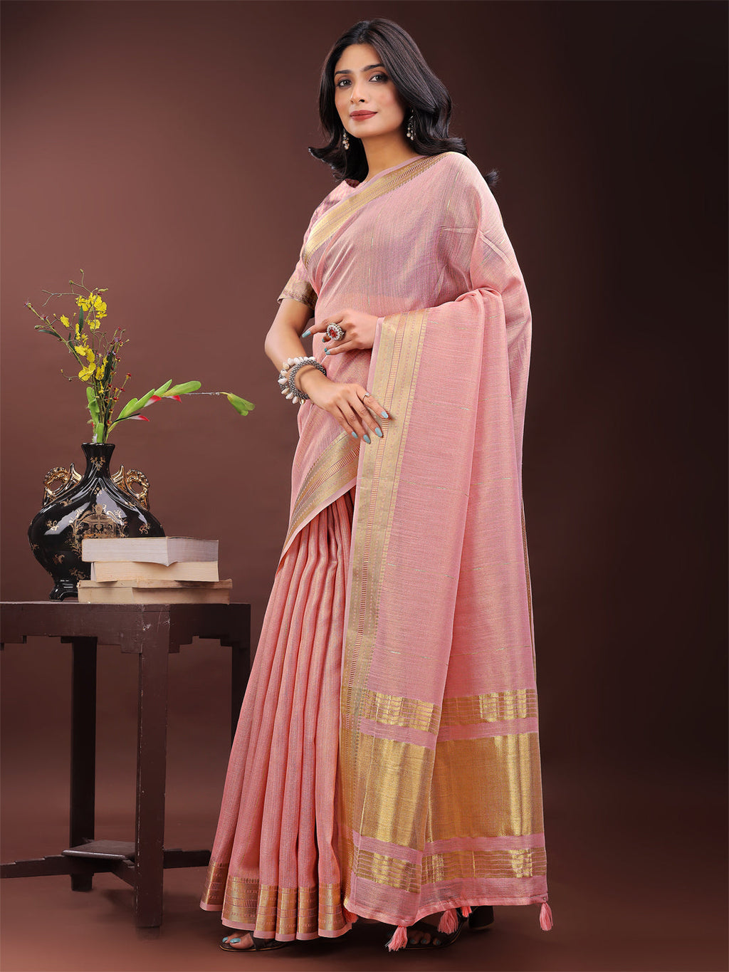 Shree Shyam Fashion Elegant Light Pink Organza Saree with Golden Zari Border - Festive & Office Wear Saree with Blouse Piece | Grocsy