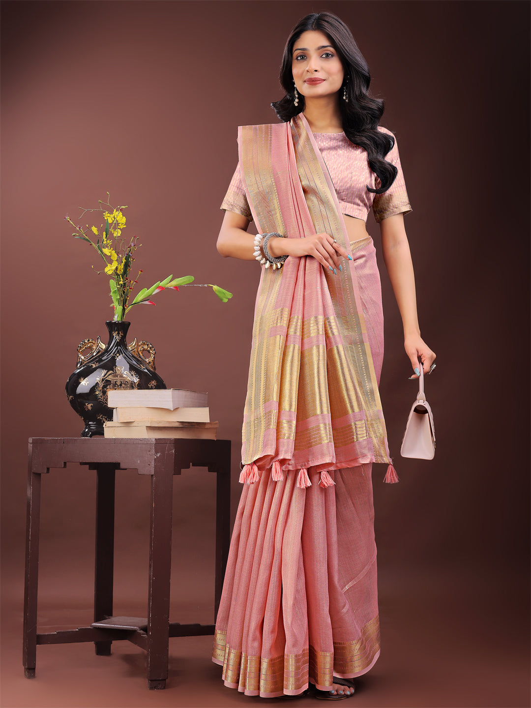Shree Shyam Fashion Elegant Light Pink Organza Saree with Golden Zari Border - Festive & Office Wear Saree with Blouse Piece | Grocsy