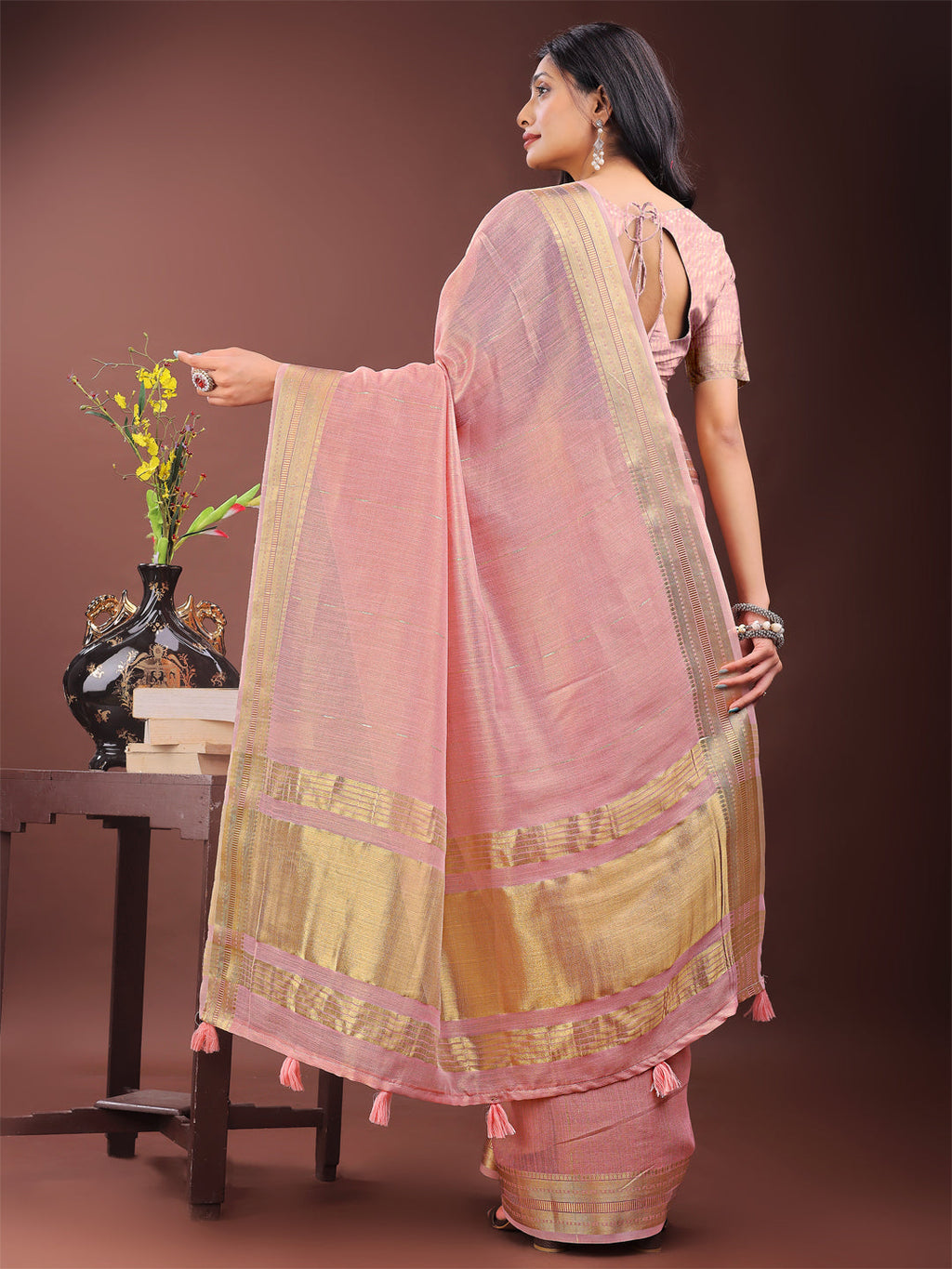 Shree Shyam Fashion Elegant Light Pink Organza Saree with Golden Zari Border - Festive & Office Wear Saree with Blouse Piece | Grocsy