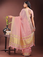 Shree Shyam Fashion Elegant Light Pink Organza Saree with Golden Zari Border - Festive & Office Wear Saree with Blouse Piece | Grocsy