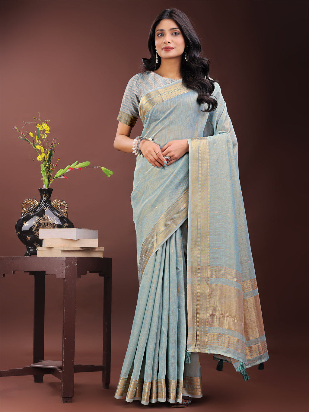 Shree Shyam Fashion Elegant Sky Blue Organza Saree with Golden Zari Border - Festive & Office Wear Saree with Blouse Piece | Grocsy