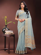 Shree Shyam Fashion Elegant Sky Blue Organza Saree with Golden Zari Border - Festive & Office Wear Saree with Blouse Piece | Grocsy