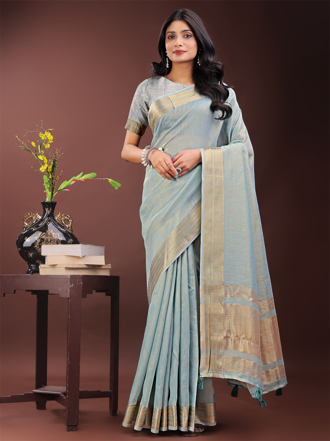 Shree Shyam Fashion Elegant Sky Blue Organza Saree with Golden Zari Border - Festive & Office Wear Saree with Blouse Piece | Grocsy