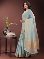 Shree Shyam Fashion Elegant Sky Blue Organza Saree with Golden Zari Border - Festive & Office Wear Saree with Blouse Piece | Grocsy