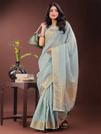 Shree Shyam Fashion Elegant Sky Blue Organza Saree with Golden Zari Border - Festive & Office Wear Saree with Blouse Piece | Grocsy