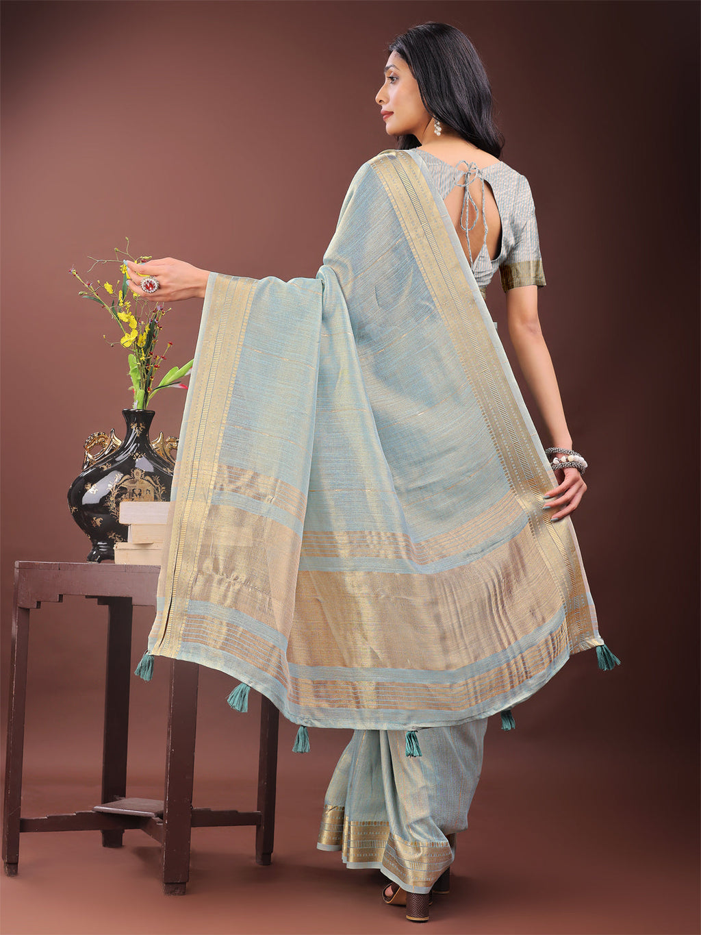 Shree Shyam Fashion Elegant Sky Blue Organza Saree with Golden Zari Border - Festive & Office Wear Saree with Blouse Piece | Grocsy
