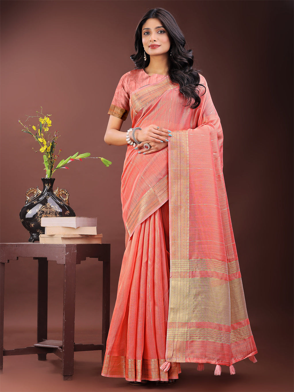 Shree Shyam Fashion Elegant Peach Organza Saree with Golden Zari Border - Festive & Office Wear Saree with Blouse Piece | Grocsy