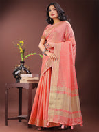 Shree Shyam Fashion Elegant Peach Organza Saree with Golden Zari Border - Festive & Office Wear Saree with Blouse Piece | Grocsy