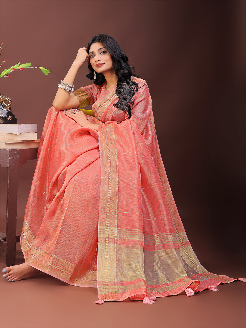 Shree Shyam Fashion Elegant Peach Organza Saree with Golden Zari Border - Festive & Office Wear Saree with Blouse Piece | Grocsy