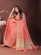Shree Shyam Fashion Elegant Peach Organza Saree with Golden Zari Border - Festive & Office Wear Saree with Blouse Piece | Grocsy