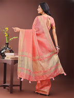 Shree Shyam Fashion Elegant Peach Organza Saree with Golden Zari Border - Festive & Office Wear Saree with Blouse Piece | Grocsy