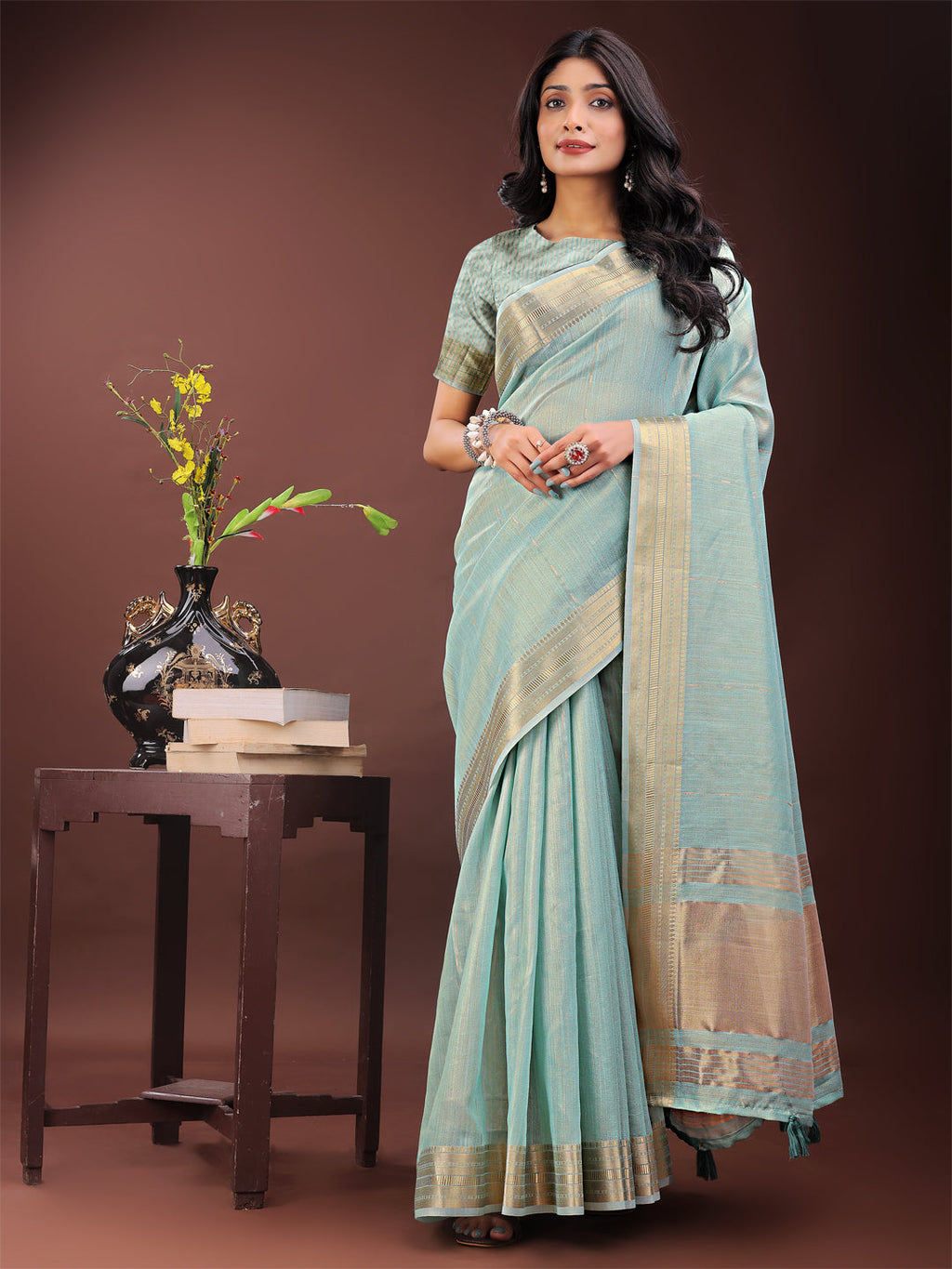 Shree Shyam Fashion Elegant Olive Green Organza Saree with Golden Zari Border - Festive & Office Wear Saree with Blouse Piece | Grocsy