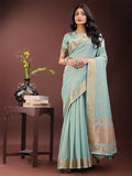 Shree Shyam Fashion Elegant Olive Green Organza Saree with Golden Zari Border - Festive & Office Wear Saree with Blouse Piece | Grocsy