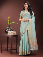 Shree Shyam Fashion Elegant Olive Green Organza Saree with Golden Zari Border - Festive & Office Wear Saree with Blouse Piece | Grocsy