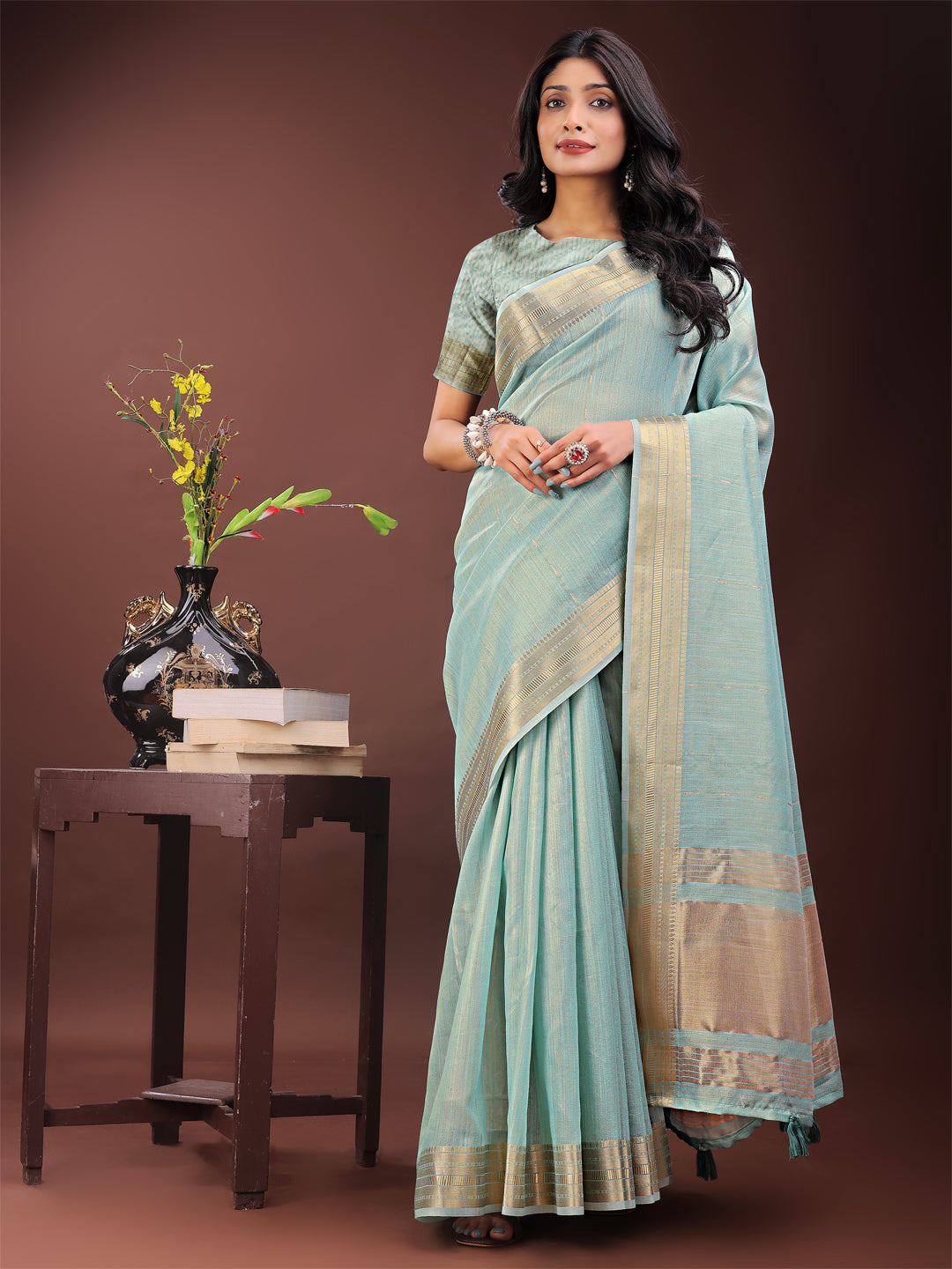 Shree Shyam Fashion Elegant Olive Green Organza Saree with Golden Zari Border - Festive & Office Wear Saree with Blouse Piece | Grocsy