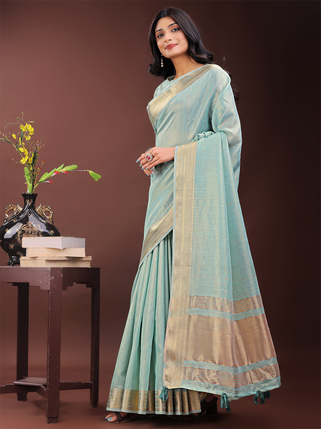Shree Shyam Fashion Elegant Olive Green Organza Saree with Golden Zari Border - Festive & Office Wear Saree with Blouse Piece | Grocsy