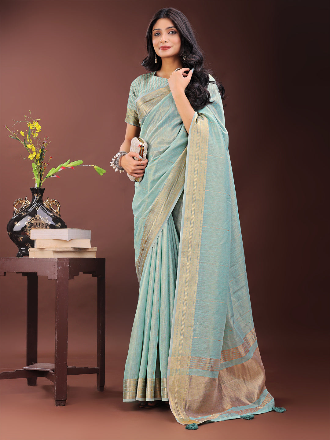 Shree Shyam Fashion Elegant Olive Green Organza Saree with Golden Zari Border - Festive & Office Wear Saree with Blouse Piece | Grocsy