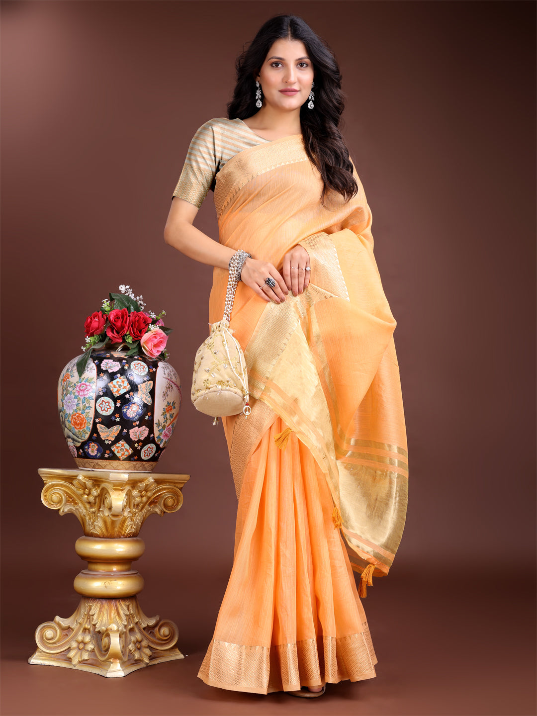 Shree Shyam Fashion Orange Gold Cotton Ready-to-Wear Saree - Simplicity Meets Effortless Grace | Grocsy