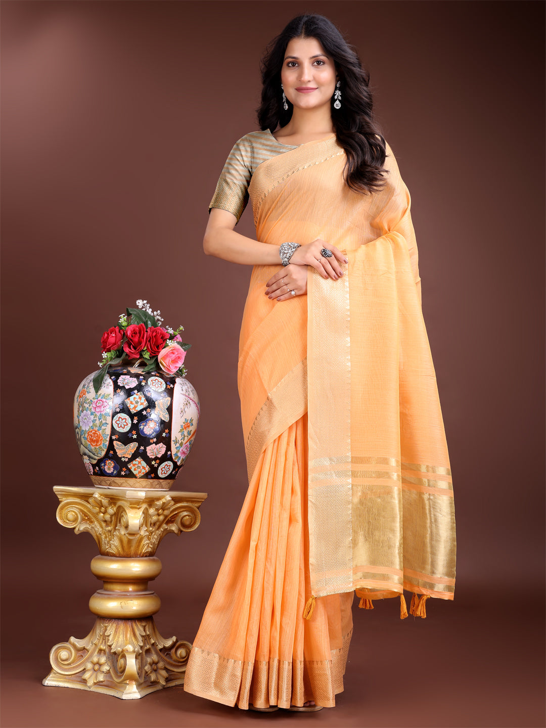 Shree Shyam Fashion Orange Gold Cotton Ready-to-Wear Saree - Simplicity Meets Effortless Grace | Grocsy